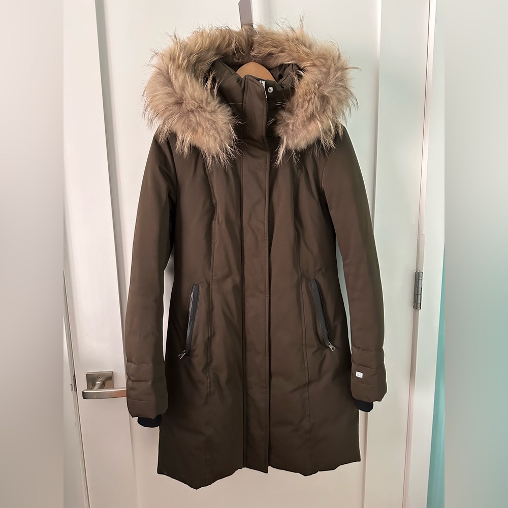 Soia & Kyo Hooded Fur-Trim Down Coat, Size S in Army Color